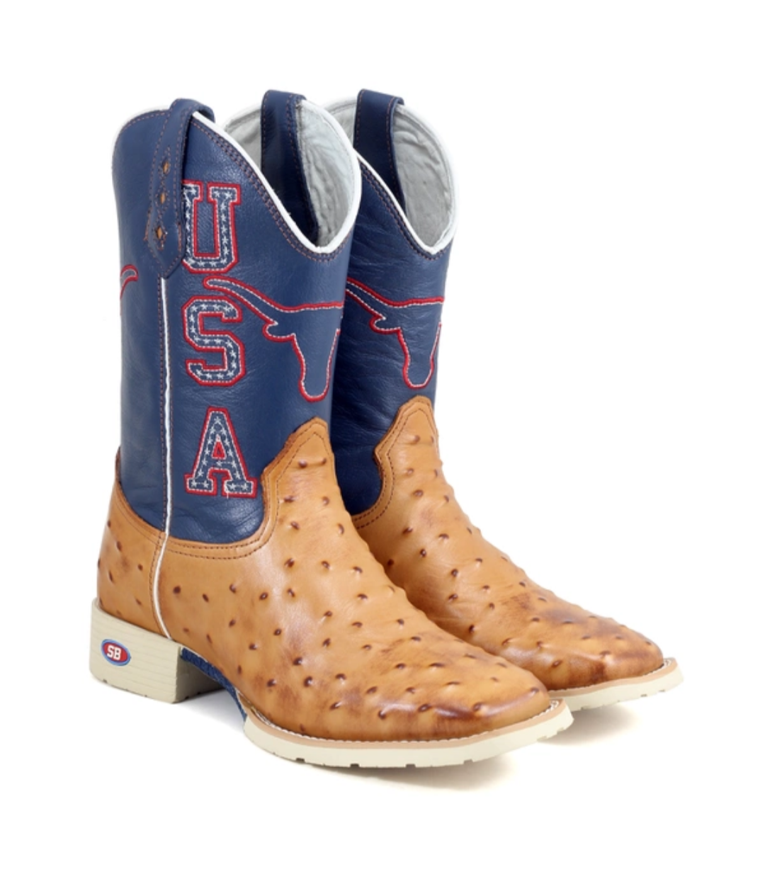 Bota Texana Masculina Estampa Avestruz Bandeira USA | Bico Quadrado Sola Bege
